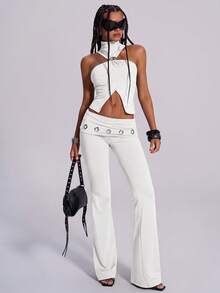 TypaGal White Women's Waist Fold Eyelet Design Flare Pants Going Out Night Autumn Sexy - White - View 3