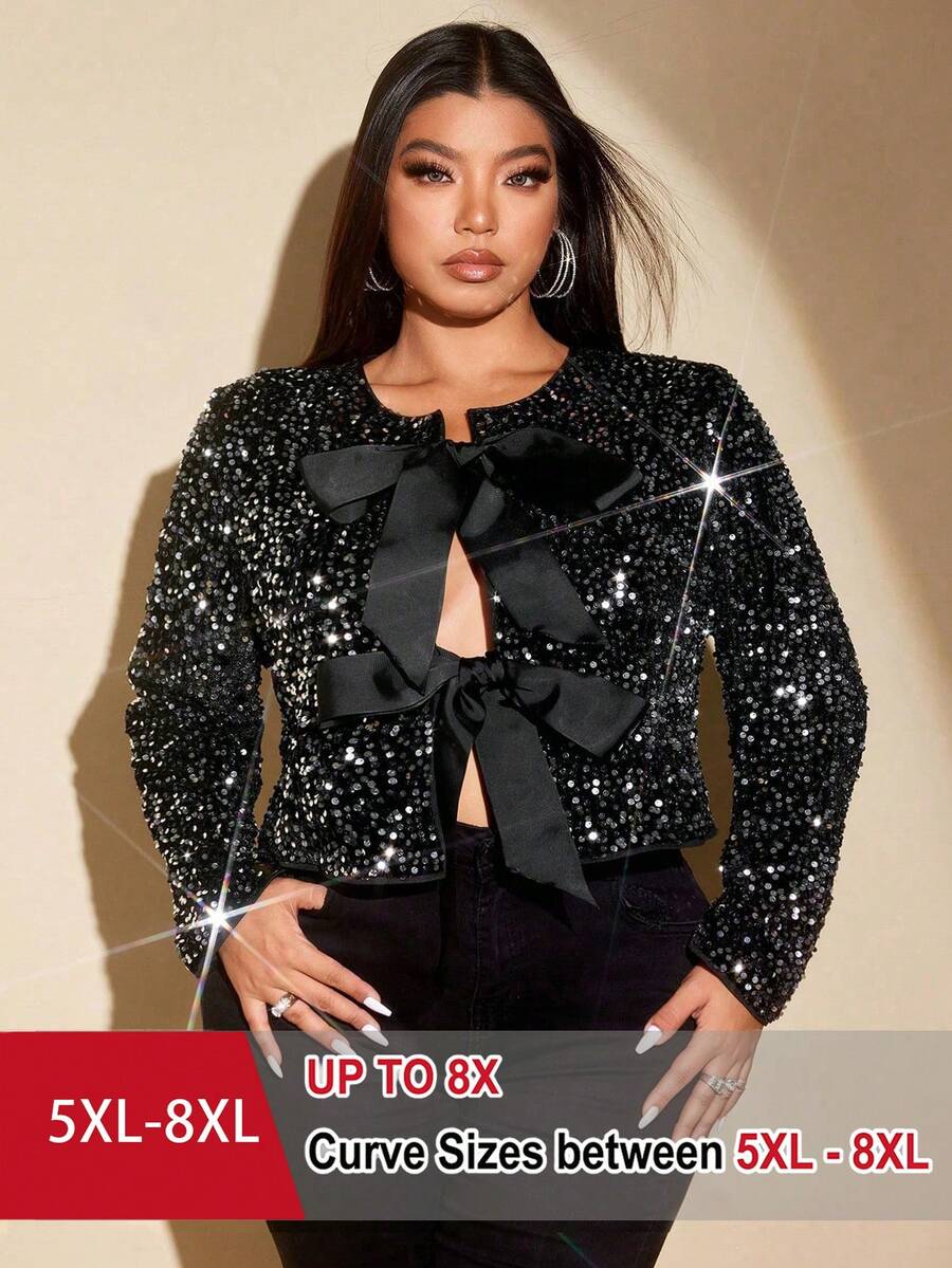 SHEIN CURVE+ 大码女式优雅闪亮亮片面料蝴蝶结领前开长袖开衫,百搭,适合音乐会、婚礼、派对、圣诞节、新年、生日、轻便正式外套 - 黑色 - 查看 1