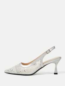 CUCCOO HITCHD Ladies Spring And Summer New Silver Fairy Mesh Sequins Pointed High Heels Shoes Slingback Buckle Design Gentle Style Dating High Heels Fall Shoes - Silver - View 3
