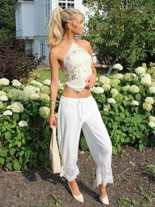 Sydney Algeri Women Summer Hawaii Beach Going Out Bloomers White Linen Pants - White - View 6