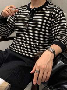 DAZY 男士多色條紋 Polo 領針織上衣，夏季款 - 黑與白 - 查看 4