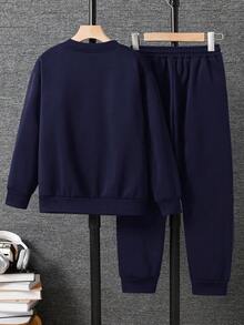 SHEIN 巴黎字母圖案與彩色條紋印花飛行夾克搭配彈性腰頭慢跑褲 2件套 - 藏蓝色 - 查看 3