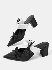 CUCCOO HITCHD French Elegant Pointed Toe Thick Heel Closed Toe Women's Bow Design Sense High Heel Mules Shoes Commuting Versatile Sandals - Black - View 6