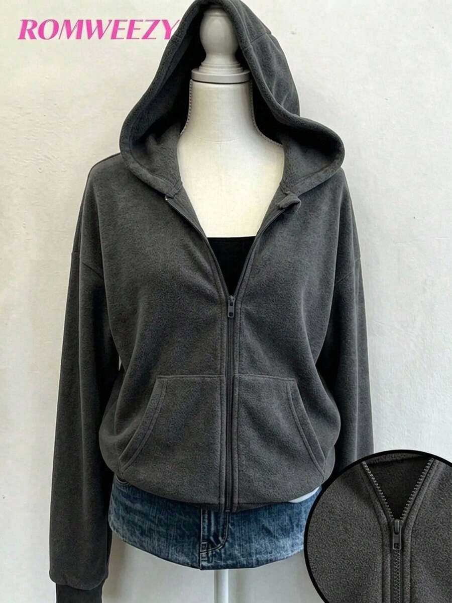 SHEIN Sparklyn 秋冬季少女連帽拉鍊外套-街頭風混搭,保暖針織面料,適合秋冬,微寬鬆版型適應成長,完美適配校園與街頭穿搭,瞬間變身活力少女! - 灰色 - 查看 1