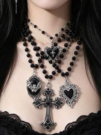 4pcs Gothic Layered Cross Necklace For Women, Vintage Black Beaded Multi-Layer Necklace With Bat Heart Cross Pendant, Punk Jewelry Halloween Party Gift