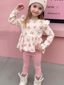 SHEIN Small Flutter Sleeve Printed Bow-Knot Ribbed Asymmetrical Hem Top Paired With Pink Solid Pants, Fashionable Cute Comfortable, Suitable For Outings And Spring/Summer/Autumn - Multicolor - View 3