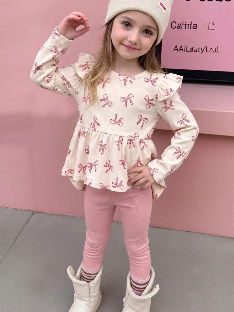 SHEIN Small Flutter Sleeve Printed Bow-Knot Ribbed Asymmetrical Hem Top Paired With Pink Solid Pants, Fashionable Cute Comfortable, Suitable For Outings And Spring/Summer/Autumn - Multicolor - View 3