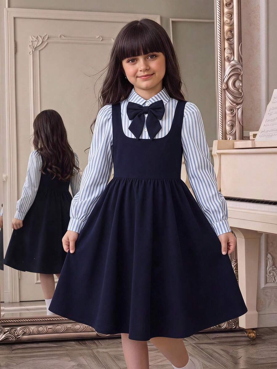 SHEIN 青少年女孩條紋拼接蝴蝶結裝飾 2合1連身裙 - 藏蓝色 - 查看 1