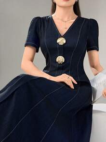 Feyla Plus Size Women's Metal Shell Decor Short Puff Sleeve Elegant Dress Fall - Navy Blue - View 5
