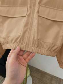 SHEIN Jaket Kasual Longgar Berkerudung untuk Remaja Perempuan, Warna Polos, Bahan Tenun, Dilengkapi Kantong, Cocok untuk Musim Gugur dan Musim Dingin. - Khaki - View 4