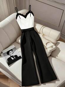 GlowEve Women's Colorblock Lace Elegant Cami Wide Leg Jumpsuit - Black and White - View 2