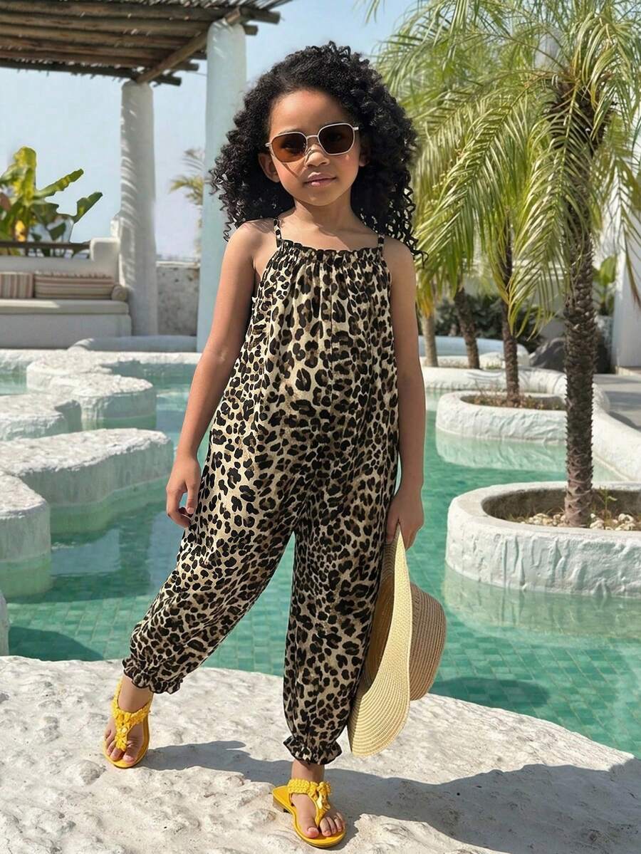 SHEIN Young Girl Casual Vacation Leopard Print Spaghetti Strap Jumpsuit - Multicolor - View 1