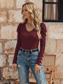 EMERY ROSE Women's Solid Color Casual Long Sleeve T-Shirts, Versatile & Minimalist - Burgundy - View 1