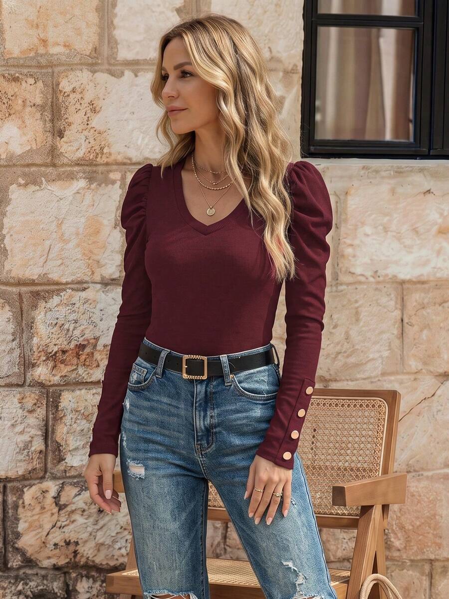 EMERY ROSE Women's Solid Color Casual Long Sleeve T-Shirts, Versatile & Minimalist - Burgundy - View 1