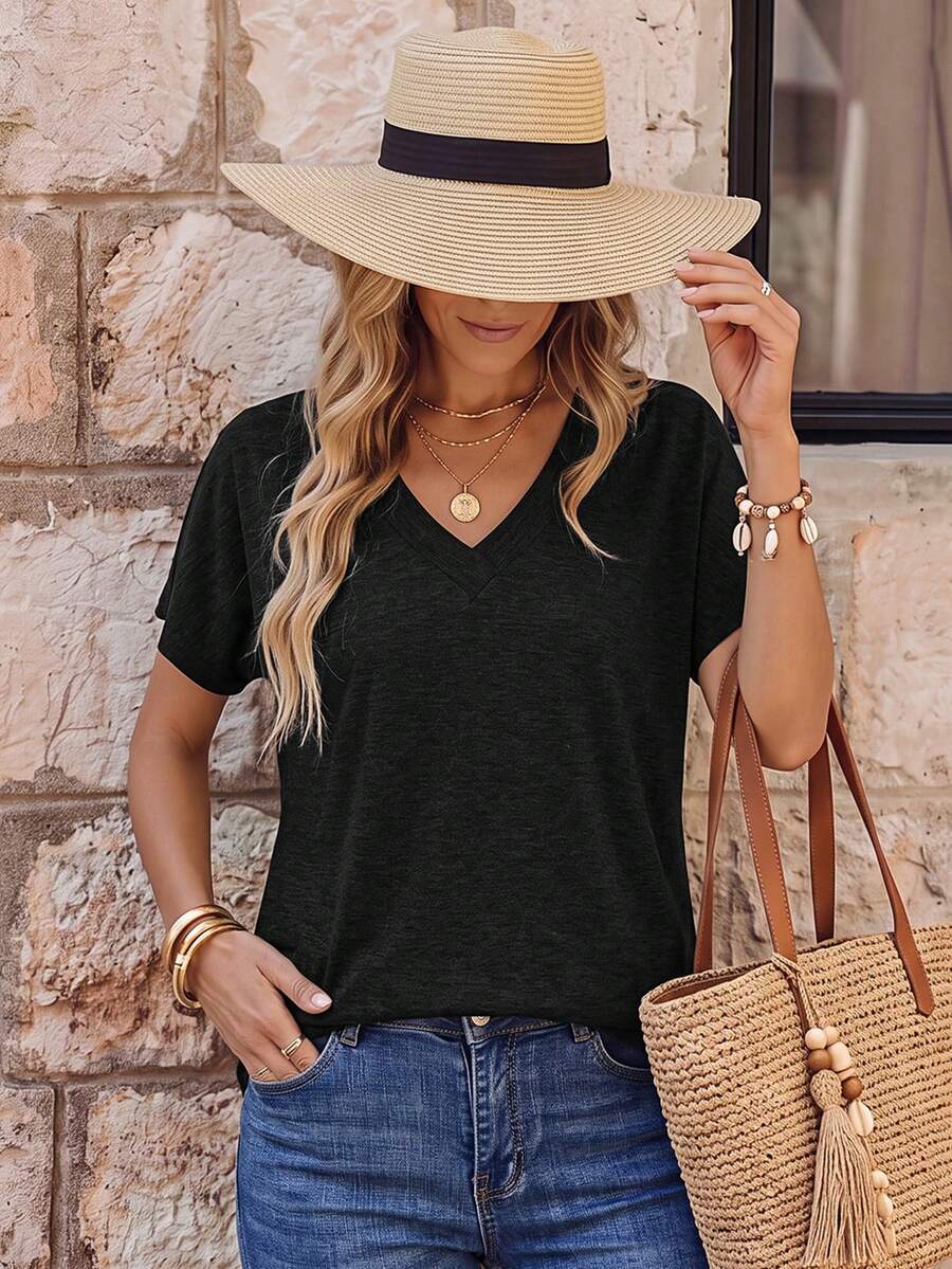 EMERY ROSE Women's V-Neck Batwing Short Sleeve Casual T-Shirt