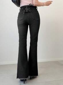 FRIFUL Atasan Wanita Serbaguna: Celana Jeans Denim dengan Kancing Saku dan Ujung Bawah Melebar serta Tepi Kasar - Hitam - View 5