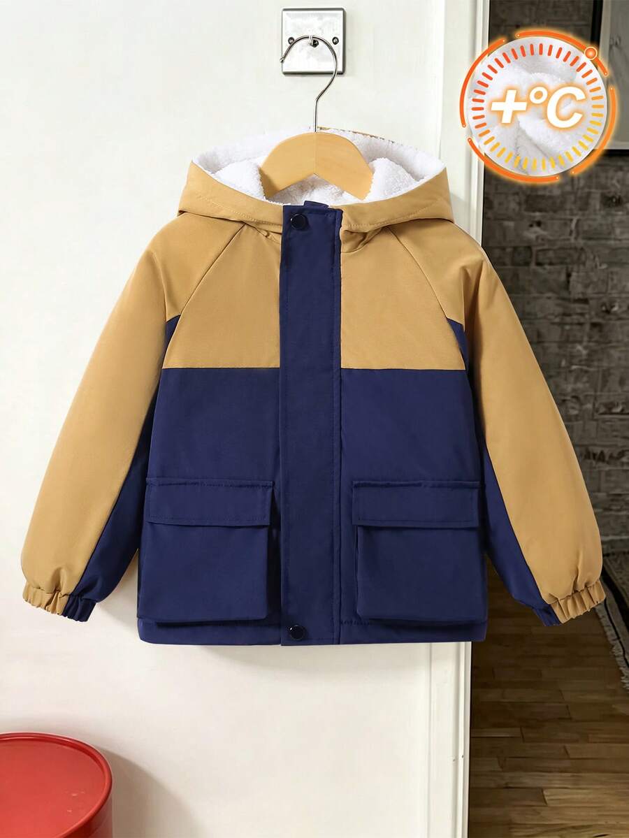 SHEIN 小男孩時尚保暖內裡口袋冬季外套,適合日常休閒、戶外、學校及各種場合,秋冬季,外衣,冬季夾克 - 藍色 - 查看 1