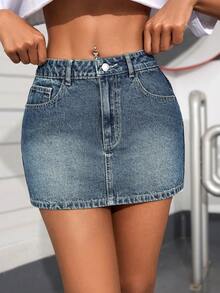 SHEIN PETITE Women's Casual Denim Mini Skirt With Pockets - Blue - View 5
