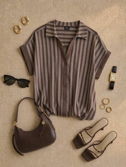 Grovea Plus Size Women's Spring/Summer French Elegant Luxury Minimalist High-End Design Casual Bohemian Vacation Office Commute Old Money Style Comfortable Solid Color Patchwork Traceable Cotton Striped Shirt V-Neck Open Front Contrast Color Placket Dropped Shoulder Short Sleeve Shirt With Folded Cuffs
