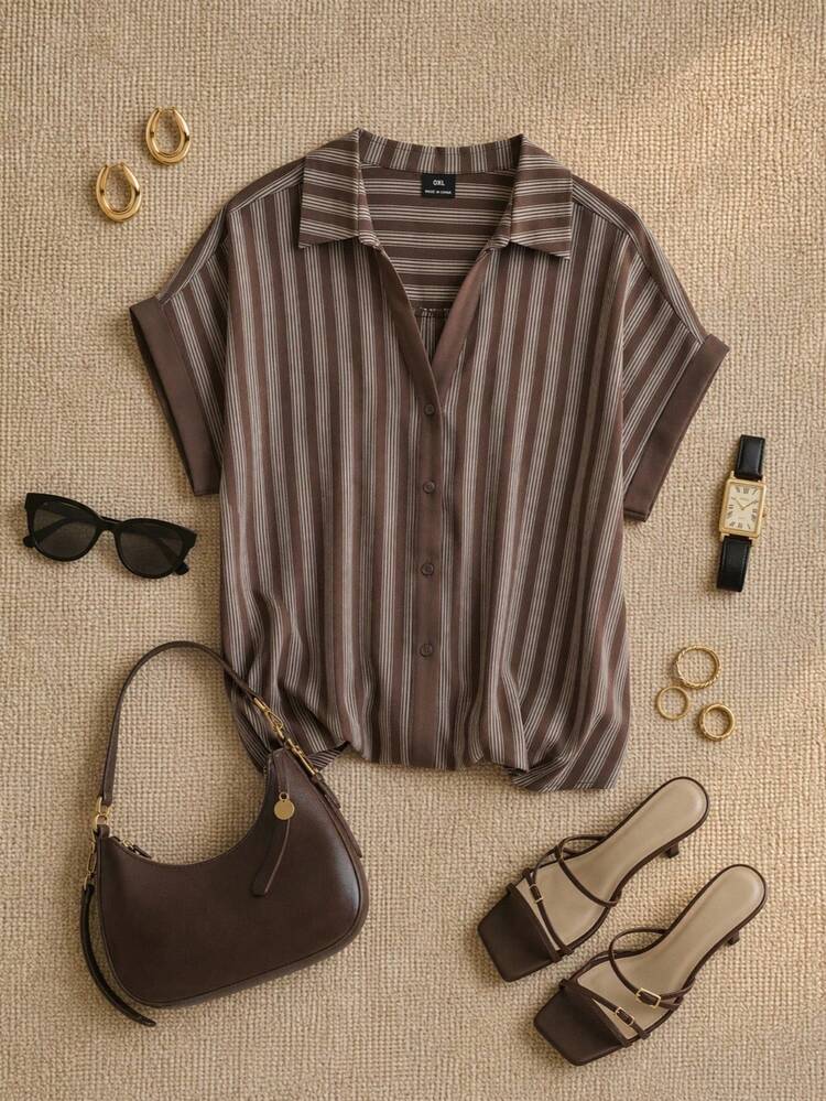 Grovea Plus Size Women's Spring/Summer French Elegant Luxury Minimalist High-End Design Casual Bohemian Vacation Office Commute Old Money Style Comfortable Solid Color Patchwork Traceable Cotton Striped Shirt V-Neck Open Front Contrast Color Placket Dropped Shoulder Short Sleeve Shirt With Folded Cuffs - Brown - View 10