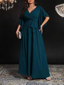 SHEIN CURVE+ Plus Size Women's Woven Solid Color Fitted V-Neck Bell Sleeve Tie Waist Ruched Slit Elegant Party Dress - Teal Blue - View 4