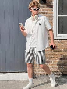 Teen Boy White Short Sleeve Shirt & Striped Shorts Set For Daily Wear, Outdoors, Commuting, Trips, Holidays, Travel, Weddings & Back To School - Black and White - View 2