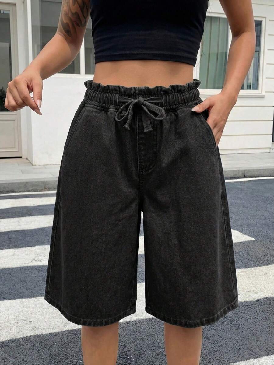 SHEIN 青少年女孩深藍色牛仔寬鬆短褲 - 黑色 - 查看 1