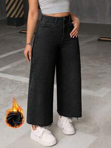 Jeanoix Plus Size Casual Traditional Versatile Baggy Jeans With Frayed Hem Black Summer - Black - View 4