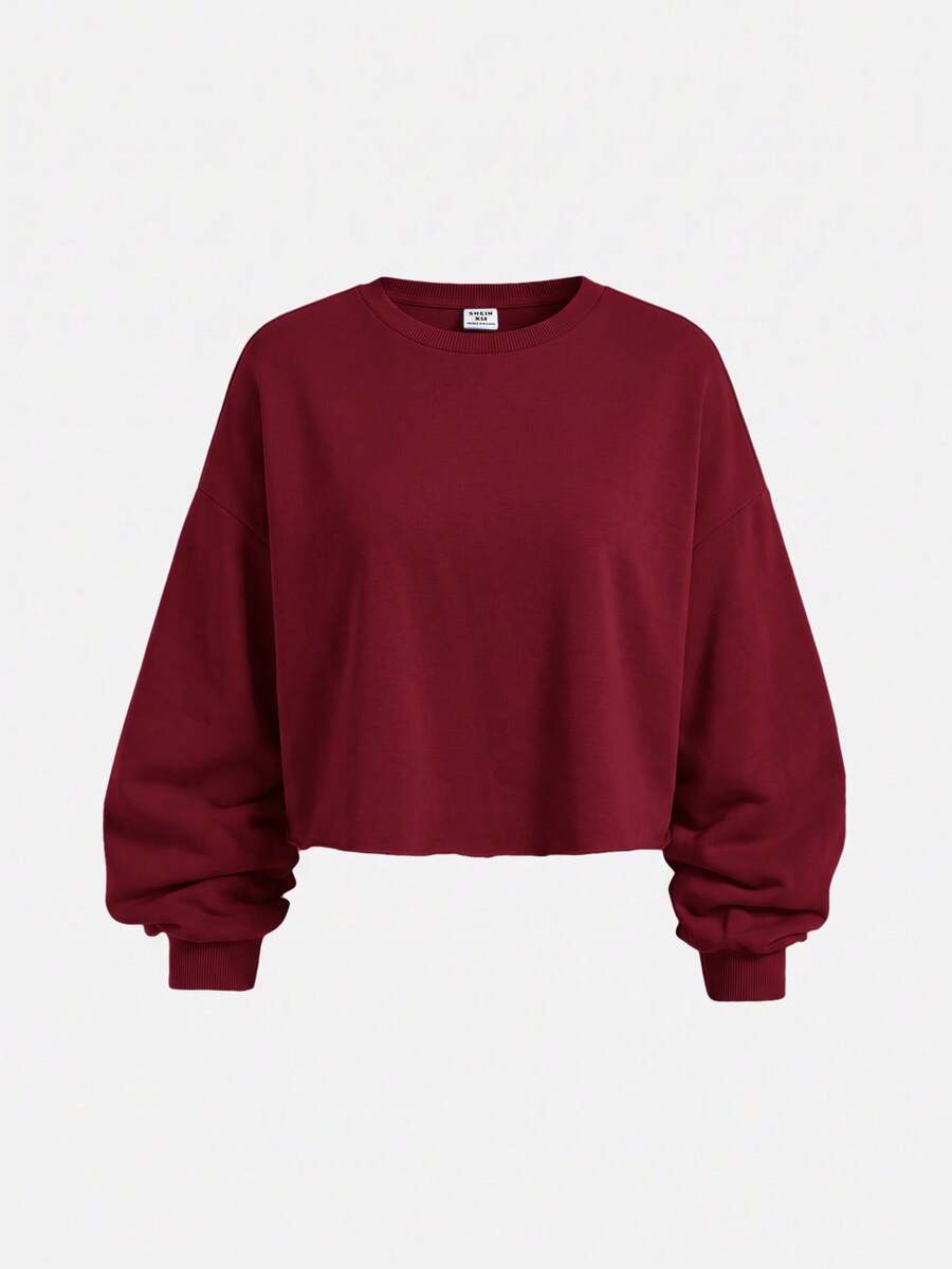 SHEIN Girlism 青少年女孩純色圓領長袖休閒寬鬆秋冬衛衣 - 酒紅色 - 查看 1