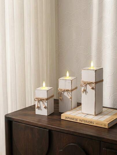 Cirelle 3PCS Country Style Wooden Candle Holder Set, White Distressed Tabletop Pillar Candle Stands With Natural Hemp Rope Accent, Rustic Home Decor For Shelf Entryway Living Room, Ideal Holiday Gift For Home Enthusiasts