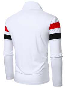 Manfinity Homme Men's Zipper Half-Placket Striped Patchwork Long Sleeve Polo Shirt - Multicolor - View 2