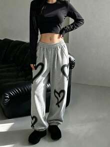INAWLY Solva Women's Elastic Waist Heart Print Loose Casual Sweatpants - Light Grey - View 3