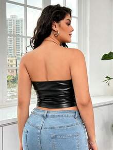 SHEIN EZwear 休閒時尚黑色紋理亮面布料大尺碼女款上衣，派對、音樂節，黑色抹胸上衣冬季 - 黑色 - 查看 2