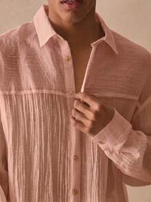 Musero Long Sleeve Oversized Light Weight Collared Sheer Button Through Shirt Top Spring Summer Essentials - Coral Pink - View 2