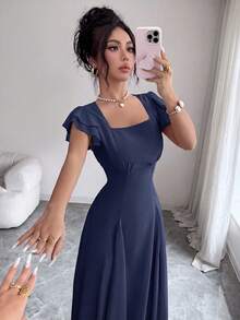 Modelyn 女款設計師方領開衩三角中長洋裝 - 藍色 - 查看 6