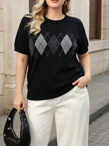 Lacomfia Sweater Pullover Kasual Harian Wanita Ukuran Besar dengan Motif Geometris - Grey - View 4