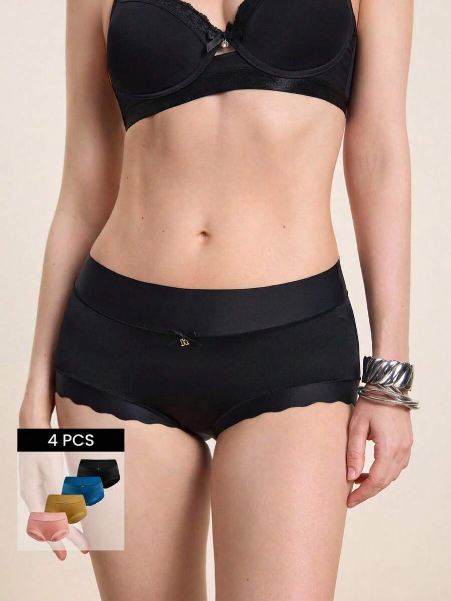 Hourtrue 5 Pcs Of Women's Non-Marking Satin Mid-Waist Ruffled Mulberry Silk Bottom Crotch Hip-Lifting Panties - Multicolor - View 1
