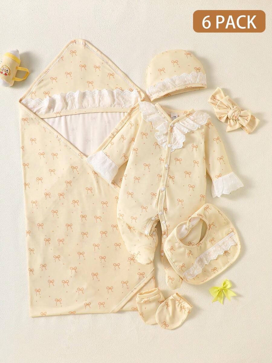 SHEIN 6件組新生女嬰禮品套裝，可愛甜美淺黃色蝴蝶結印花蕾絲飾邊荷葉邊連腳長袖V領常規款，秋季派對穿著，Katseye 舒適時尚風