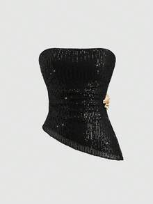 Sweetra Women's New Season Vintage Hot Girl Slim Fit Flattering High-End Asymmetrical Sequin Ruched Bandeau Top - Black - View 6