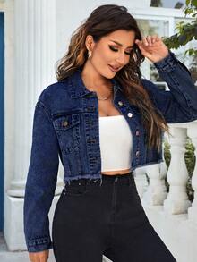 EMERY ROSE Cazadora mezclilla crop con diseño de solapa bajo crudo - Azul lavado oscuro - Ver 5