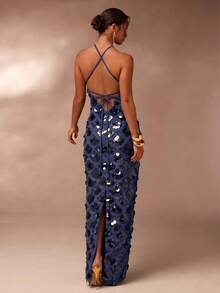 Glamine Women's Solid Color Sequin Glamorous Fitted Halter Neck Dress - Navy Blue - View 2