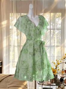 Celisse Semi-Transparent Ruffle Trim Collar Short Dress Digital Print - Aqua Green - View 3