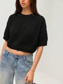 SHEIN Orluneo Nuevo suéter de punto con mangas cortas y cuello redondo para una apariencia elegante - Negro - Ver 3