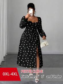 SHEIN PETITE CURVE 大码女士优雅收腰长连衣裙，方领设计，胸部褶皱，前短后长下摆，灯笼袖，心形图案，适合通勤，秋冬季穿着。 - 黑與白 - 查看 1