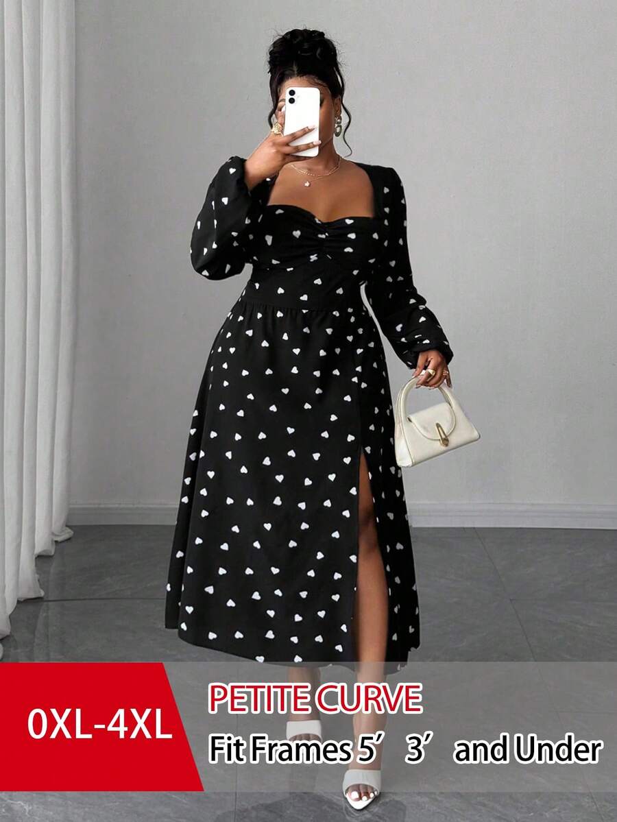 SHEIN PETITE CURVE 大码女士优雅收腰长连衣裙,方领设计,胸部褶皱,前短后长下摆,灯笼袖,心形图案,适合通勤,秋冬季穿着。 - 黑與白 - 查看 1
