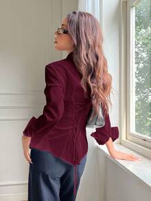 SHEIN EZwear 100%純棉酒紅色女款休閒百搭前鈕扣後收腰修身長袖襯衫，適合秋冬穿著 - 酒紅色 - 查看 4