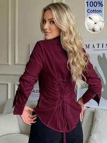 SHEIN EZwear 100%純棉酒紅色女款休閒百搭前鈕扣後收腰修身長袖襯衫，適合秋冬穿著 - 酒紅色 - 查看 10