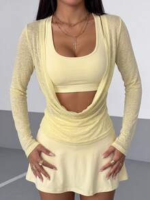 Pariaura Damen Mode vielseitiges gerafftes Sport-T-Shirt mit Wasserfallkragen und langen Ärmeln - Gelb - Übersicht 6