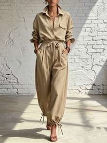 Breezaya Autumn Women's Clothing, Casual Suit, Business Suit, Khaki A-Line Shirt And Wide-Leg Ankle Trouser Set, Vacation, Fashion, Brunch OutfitSet - Khaki - View 6