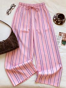 SHEIN EZwear 女款休閒街頭風條紋拼接抽繩腰長褲 - 彩色 - 查看 6